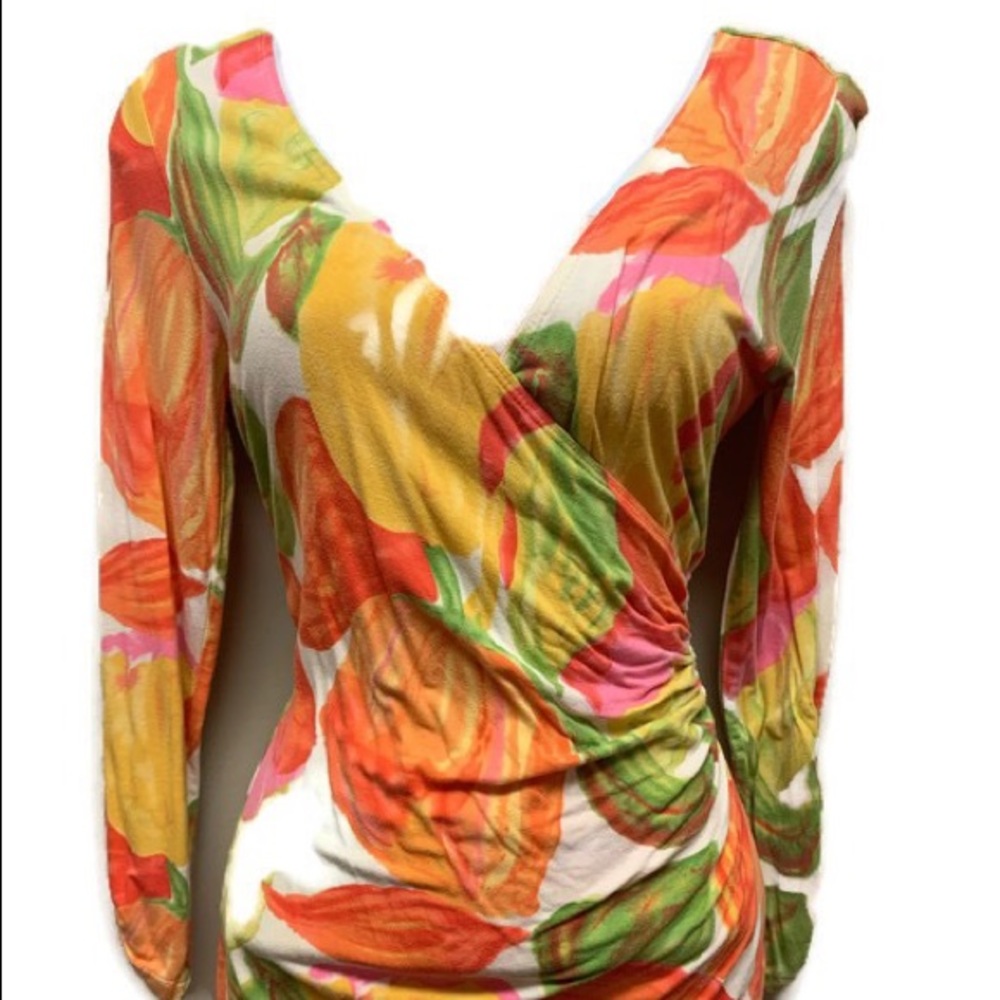CAbi 579 M Floral Wrap Ruched Knit Orange Yellow